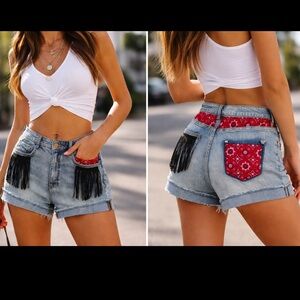 Pilcro by Anthropologie Jean Boho Fringe Denim Shorts w/ Red Bandana Detail